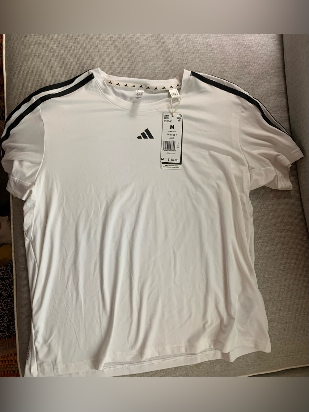 adidas White Short Sleeve Tee with Black Shoulder Stripes
